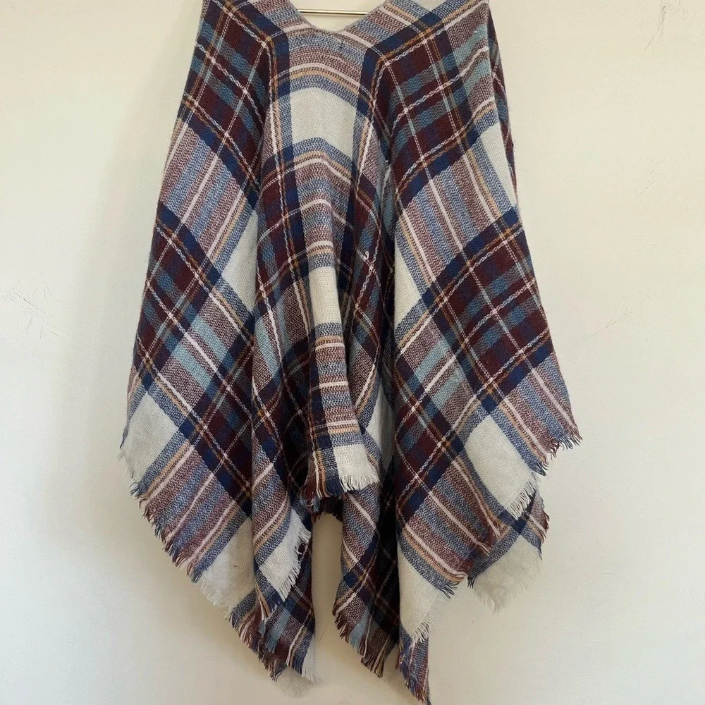 Francesca's Plaid Open Front Poncho Wrap Blue Burgundy Fringe boho  One Size OS
